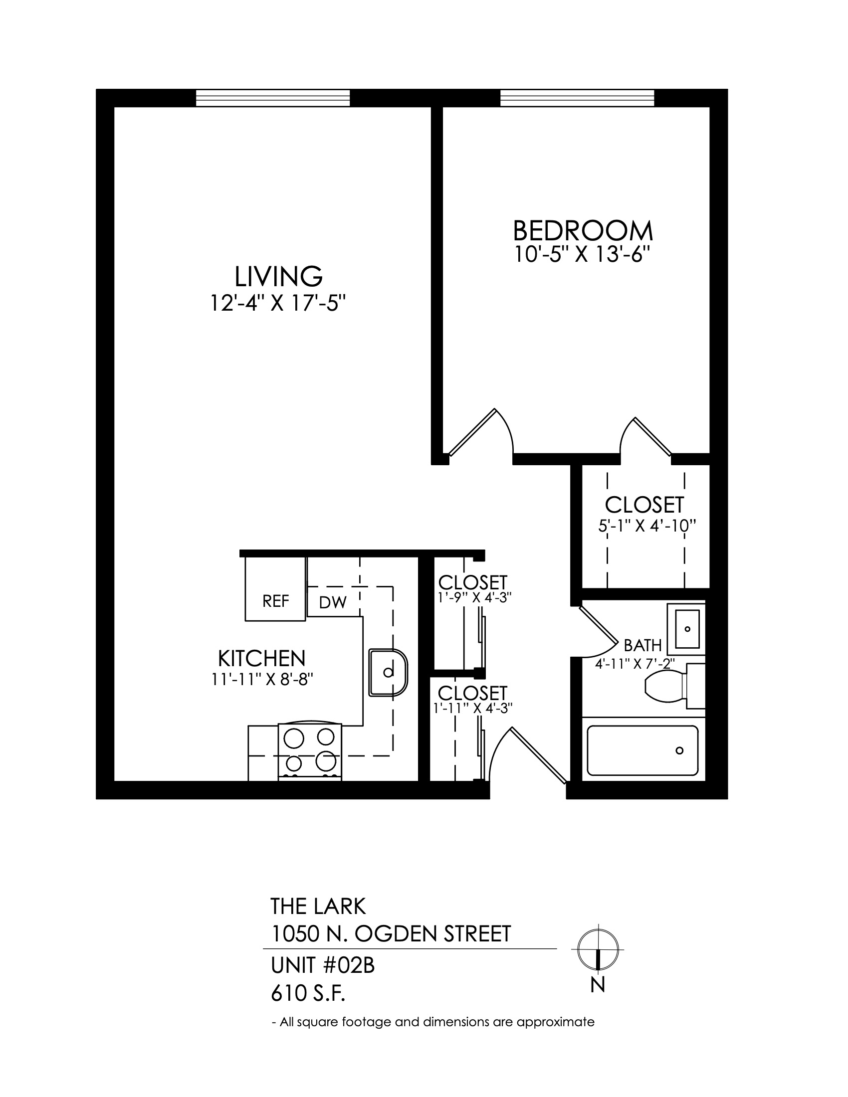 Floor plan for 1 bed, 1 bath, 605 sqft